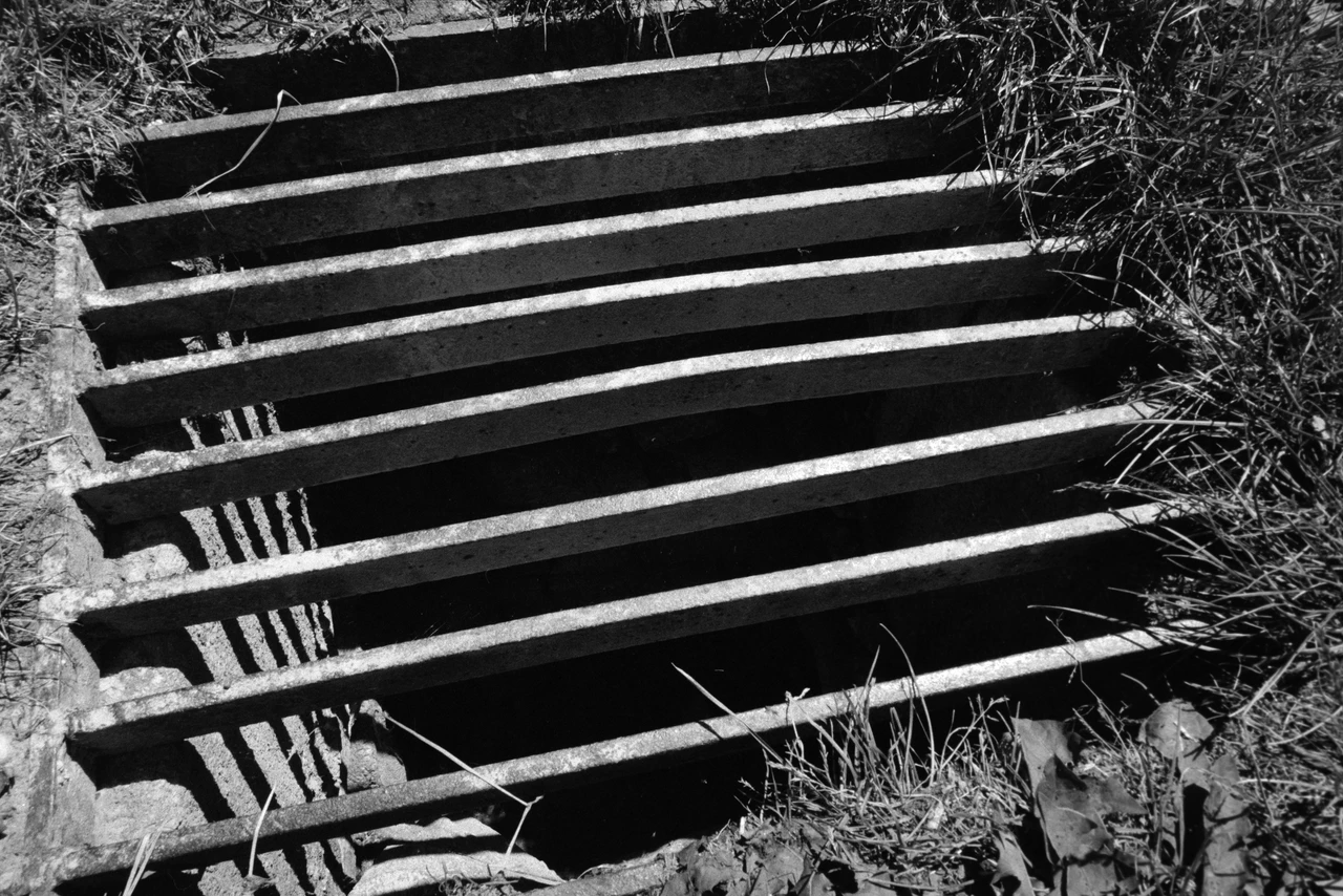 Schwarzes und Weißes Bild eines Betonabflussgitters im Freien. Das Gitter besteht aus mehreren parallelen, horizontalen Betonstreifen, die sich in diagonalen Linien erstrecken. Die Oberfläche des Gitters ist rau und mit Schmutz und Erde bedeckt. Um das Gitter herum wächst trockenes Gras und vereinzeltes Laub. Die Lichtquelle ist von oben und leicht seitlich, wodurch starke Schatten unter den Streifen entstehen. Die Komposition ist asymmetrisch, mit dem Gitter diagonal im Bildfeld angeordnet. Die Farbpalette ist monochromatisch, mit verschiedenen Grautönen von Schwarz bis Weiß.